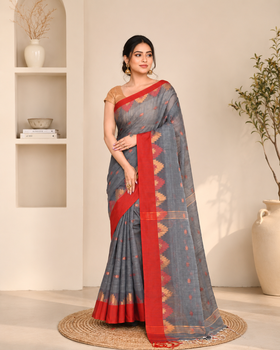 Women Cotton Blend Grey Woven  Saree