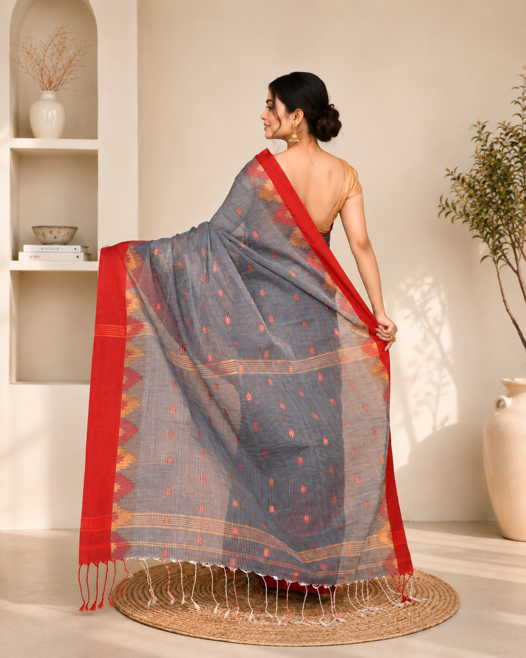 Women Cotton Blend Grey Woven  Saree