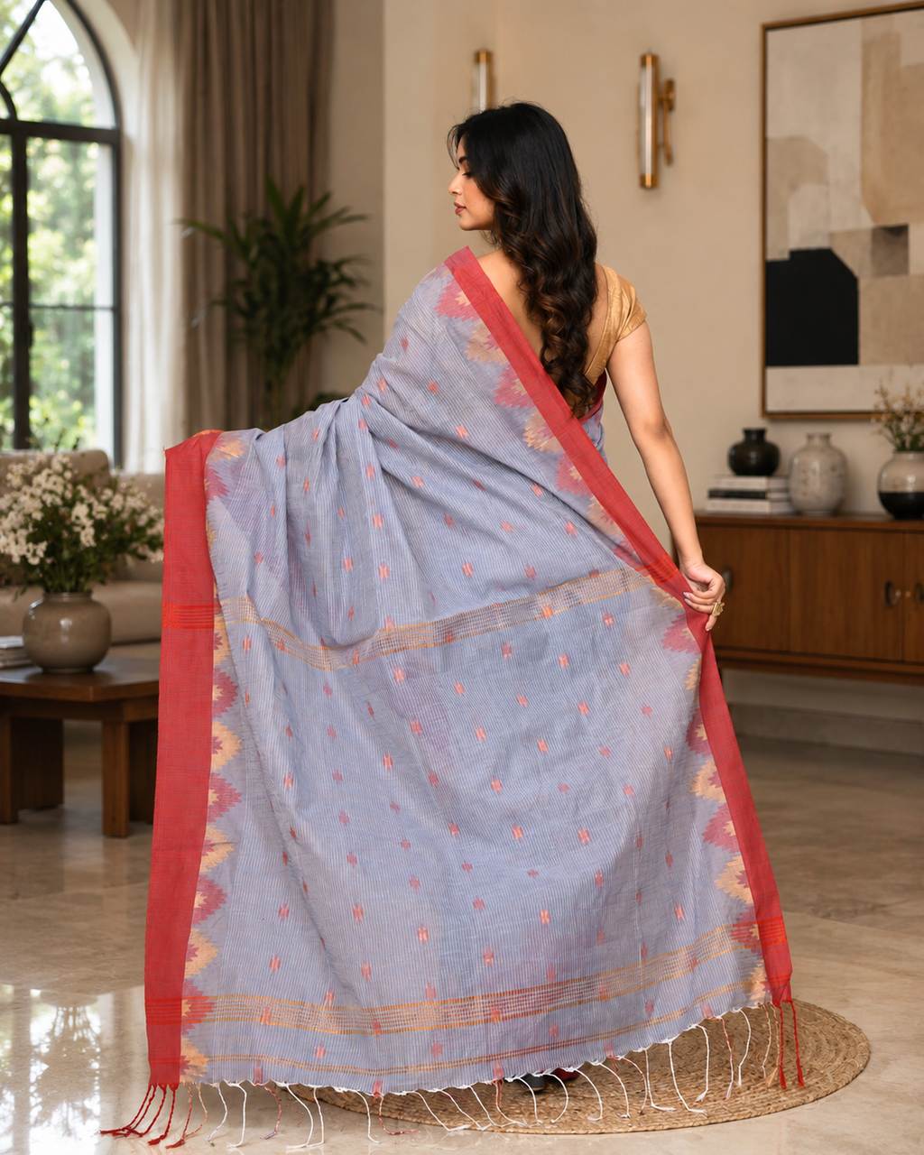 Women Cotton Blend Sky Blue Woven  Saree