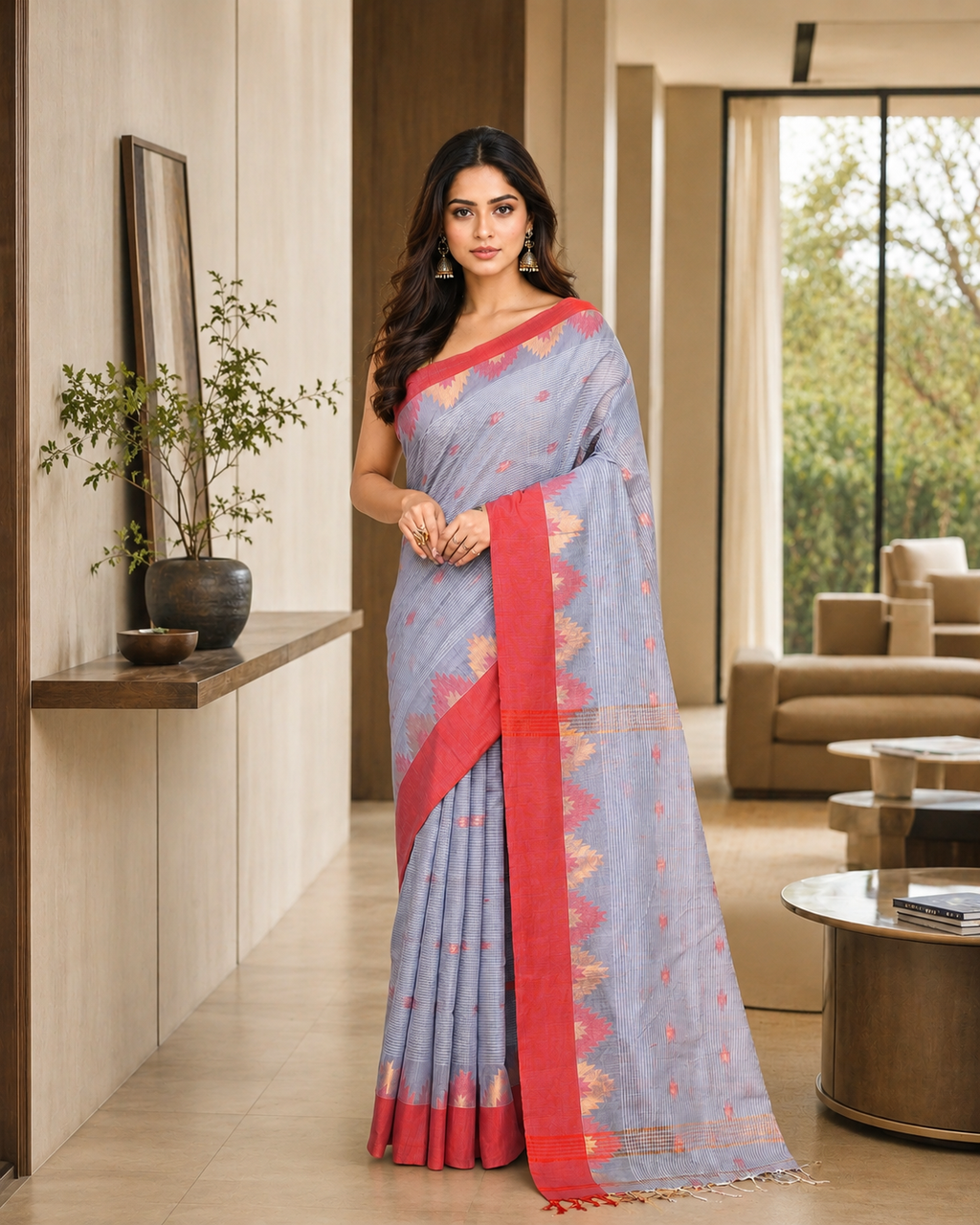 Women Cotton Blend Sky Blue Woven  Saree