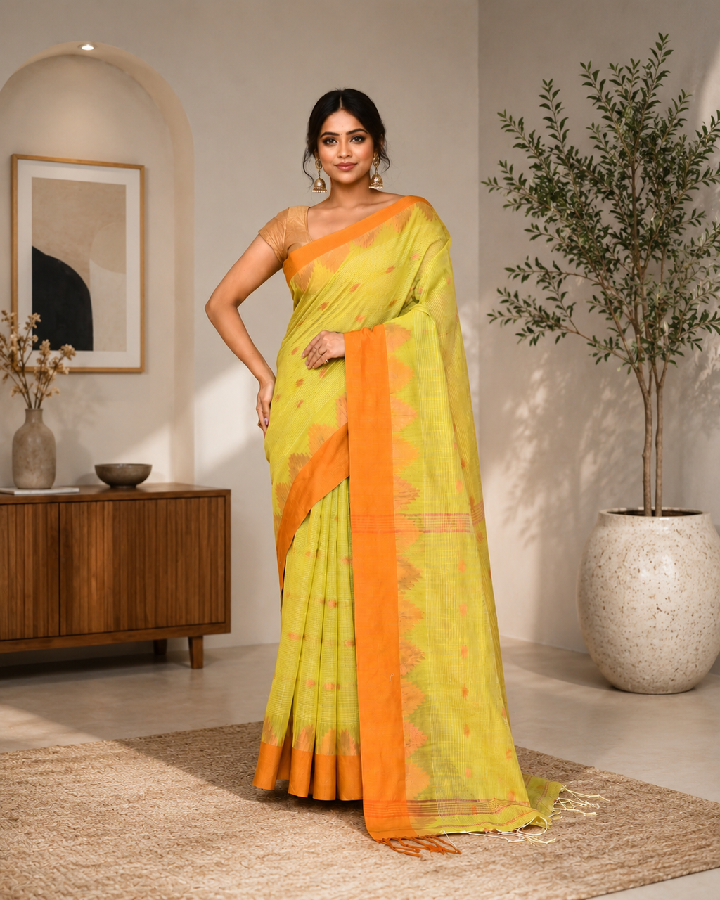 Women Cotton Blend Lime Yellow Woven  Saree