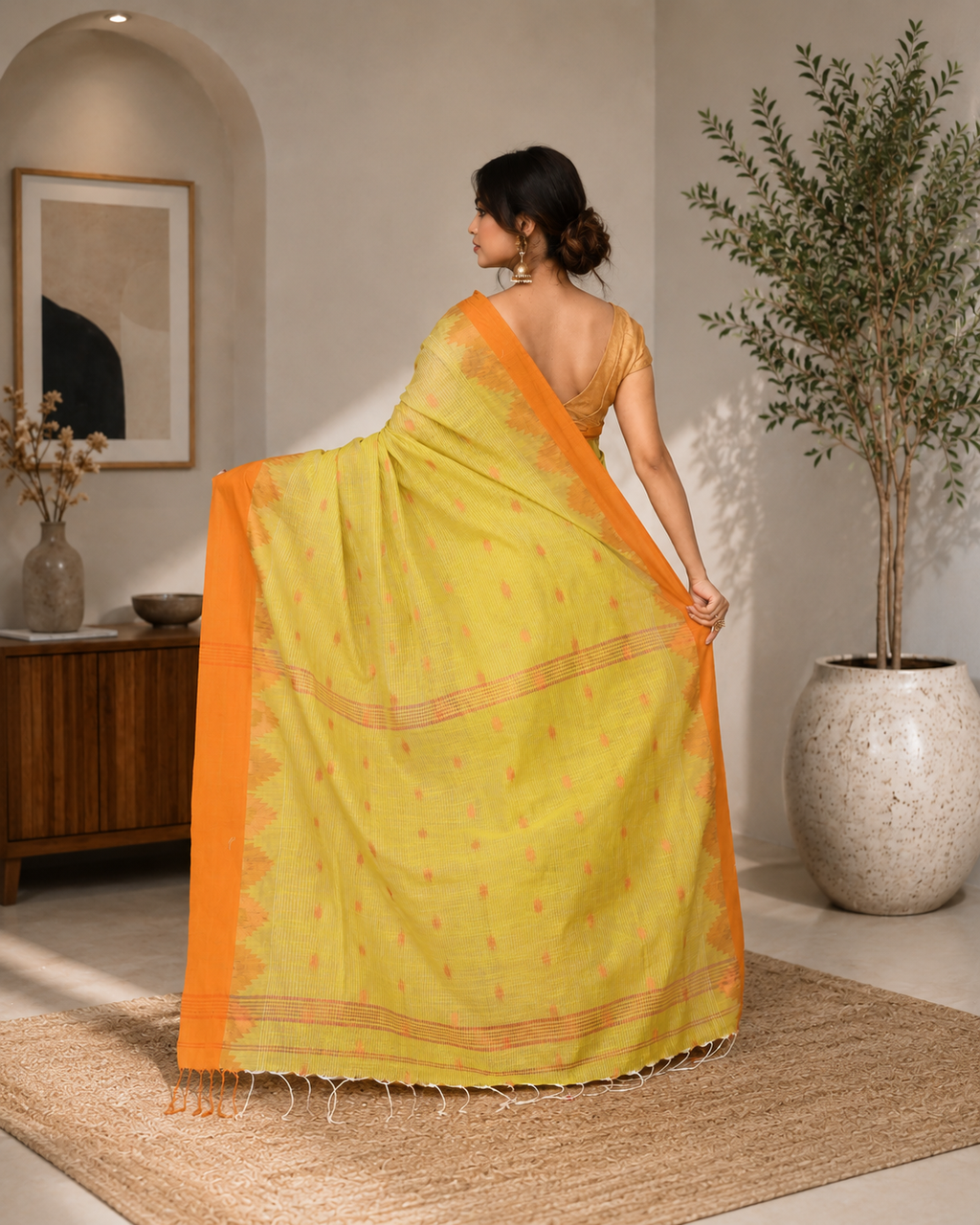 Women Cotton Blend Lime Yellow Woven  Saree