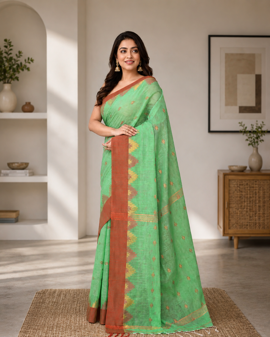 Women Cotton Blend Green Woven  Saree