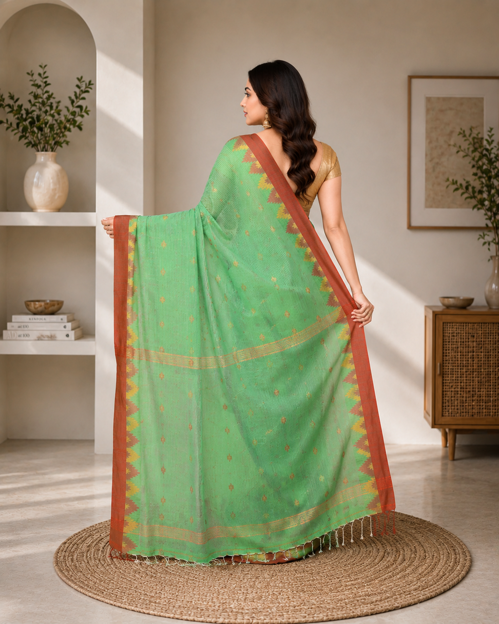 Women Cotton Blend Green Woven  Saree