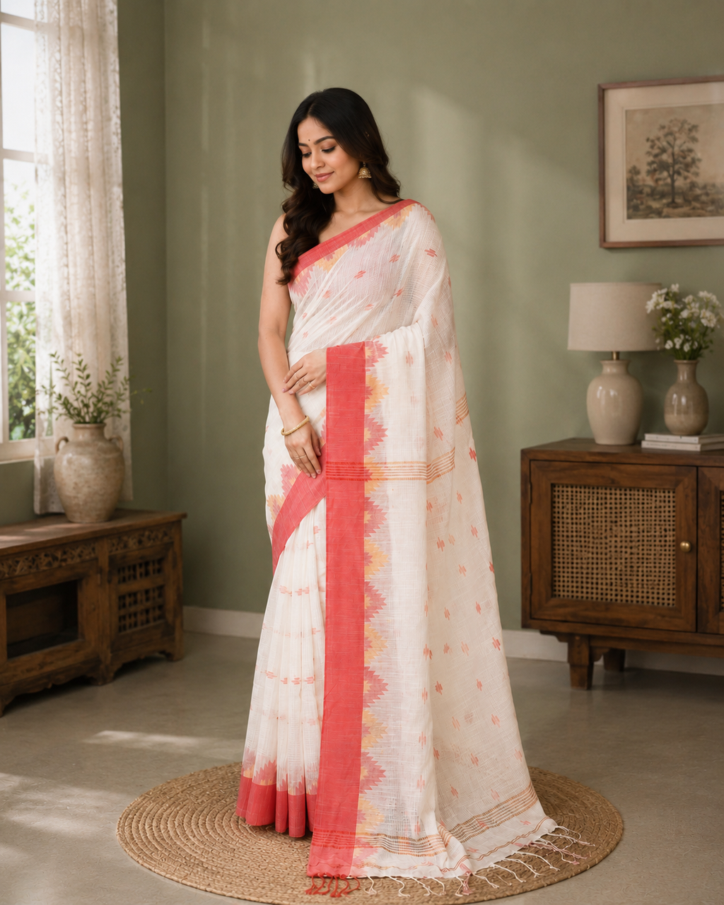 Women Cotton Blend White Woven  Saree