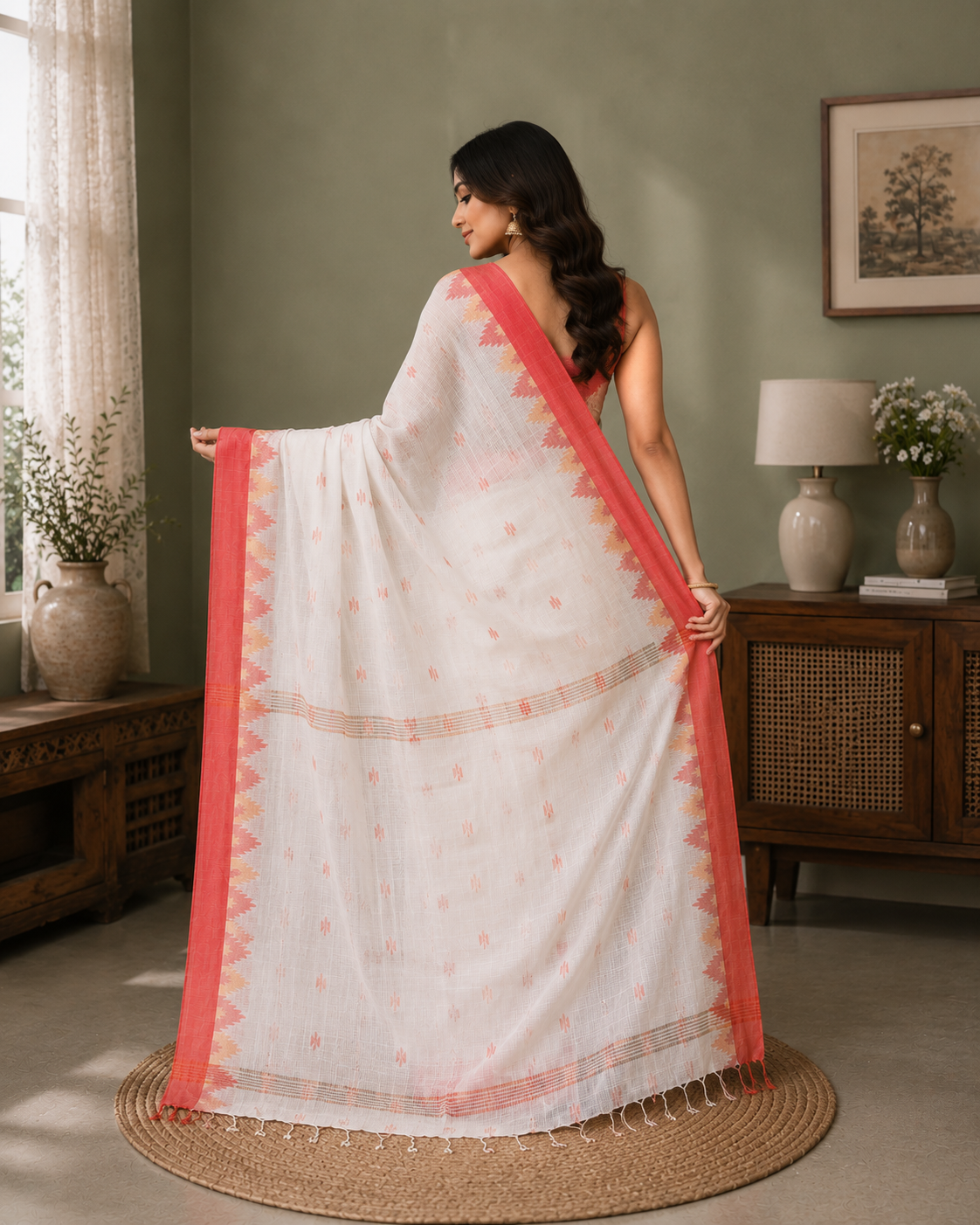 Women Cotton Blend White Woven  Saree