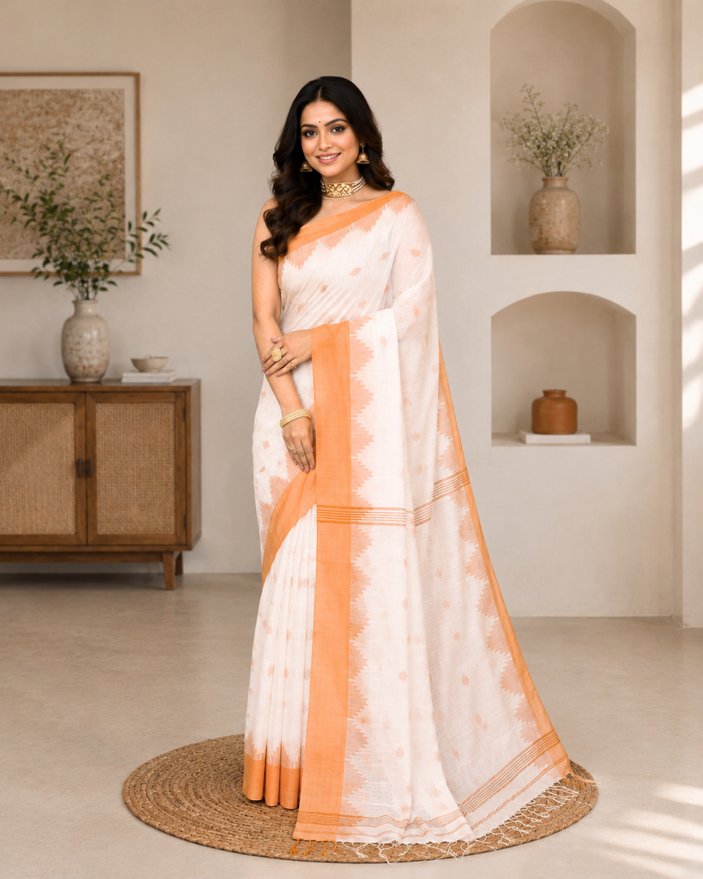 Women Cotton Blend White Woven  Saree