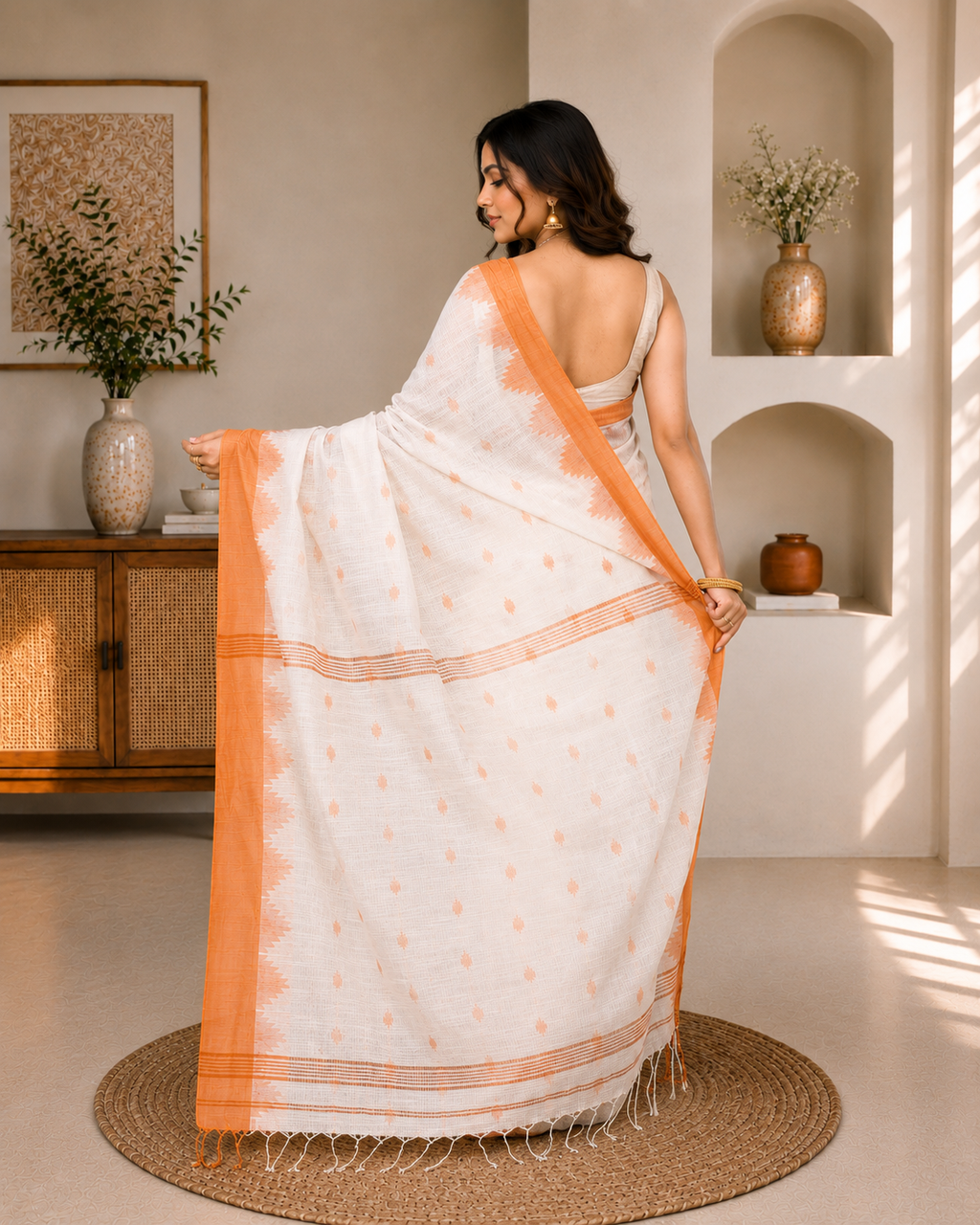 Women Cotton Blend White Woven  Saree