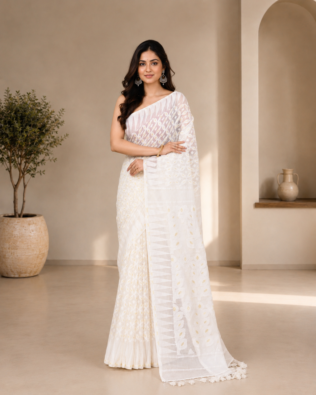 Women Cotton Blend White Woven  Saree