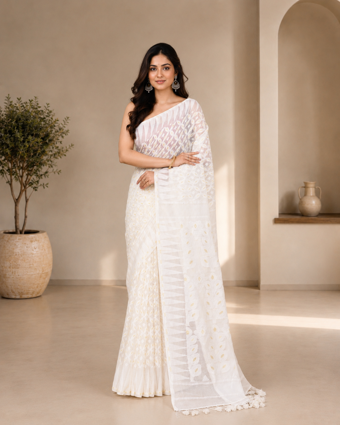 Women Cotton Blend White Woven  Saree