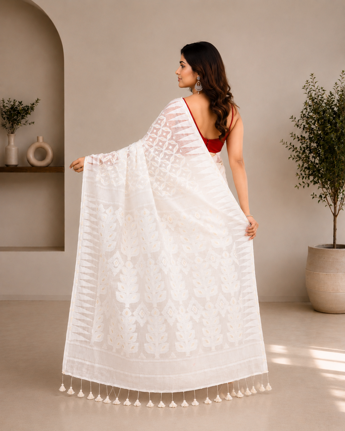 Women Cotton Blend White Woven  Saree