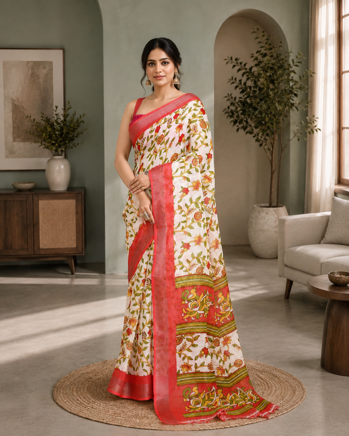 Women Cotton Off White Woven  Saree