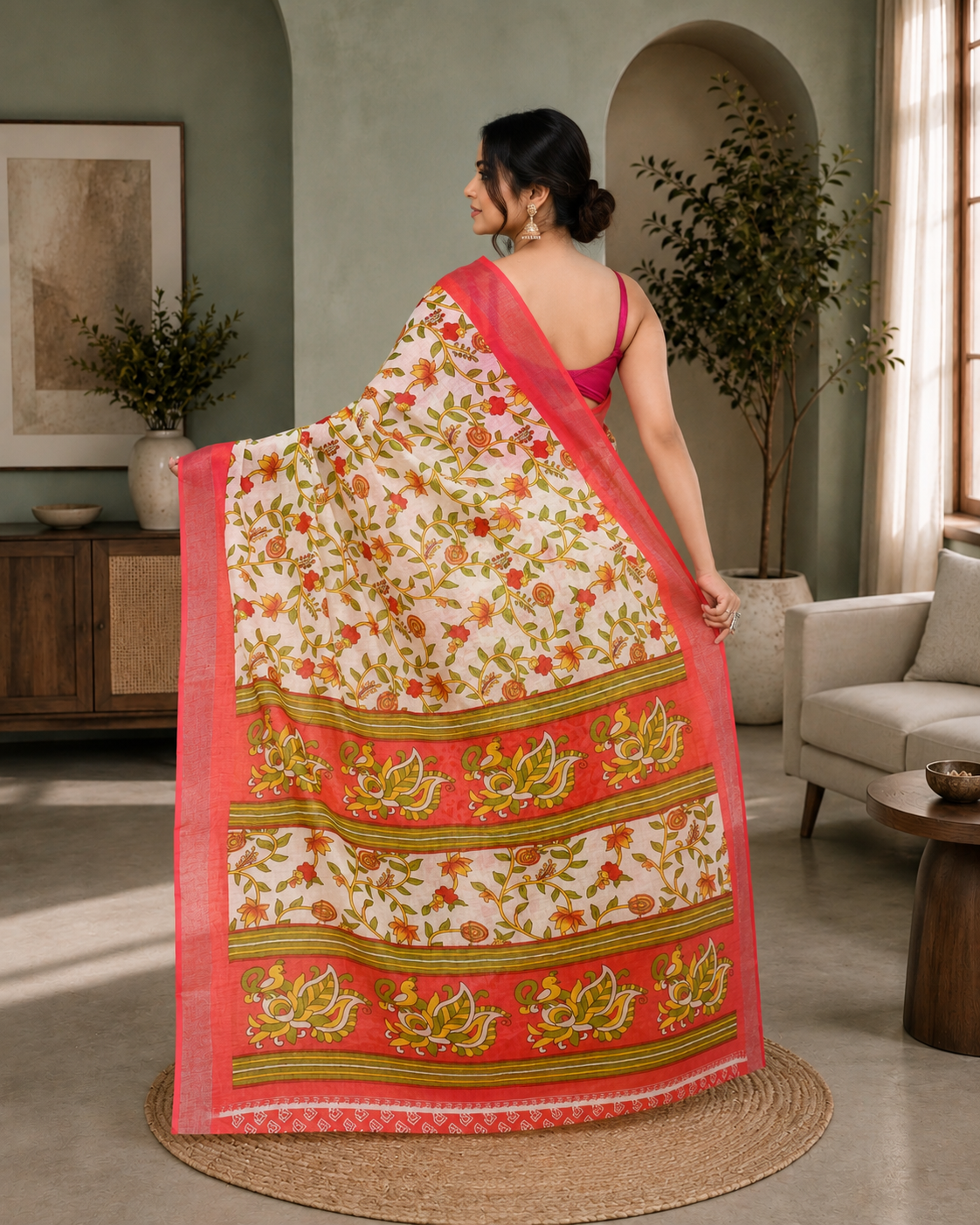 Women Cotton Off White Woven  Saree
