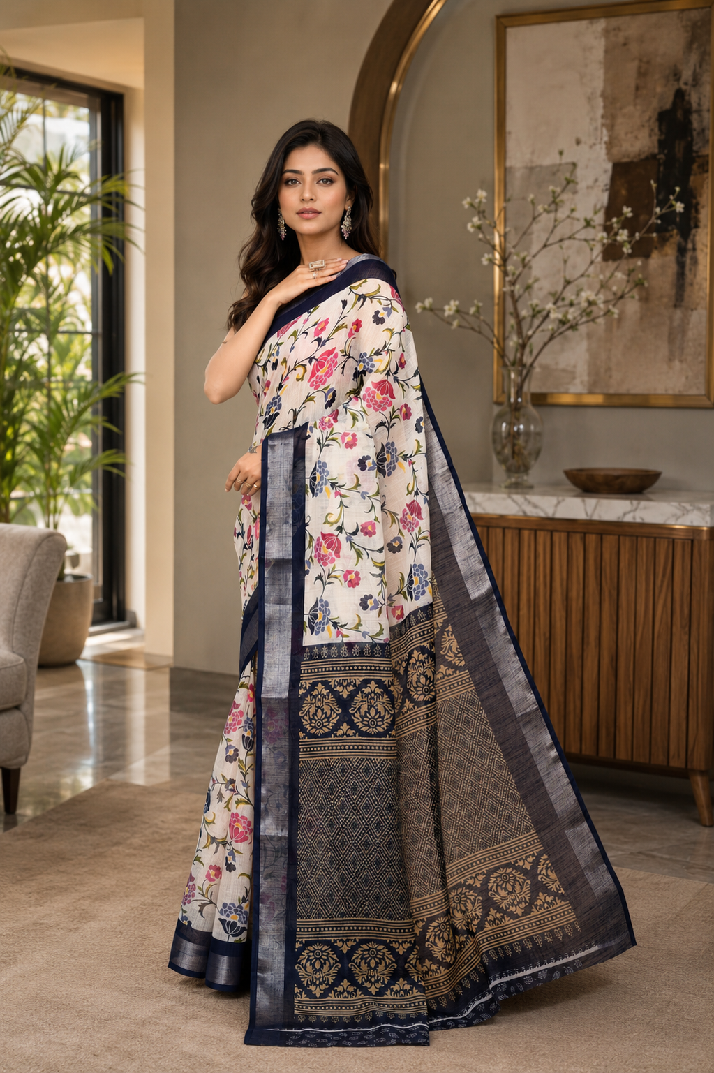 Women Cotton Off White Woven  Saree