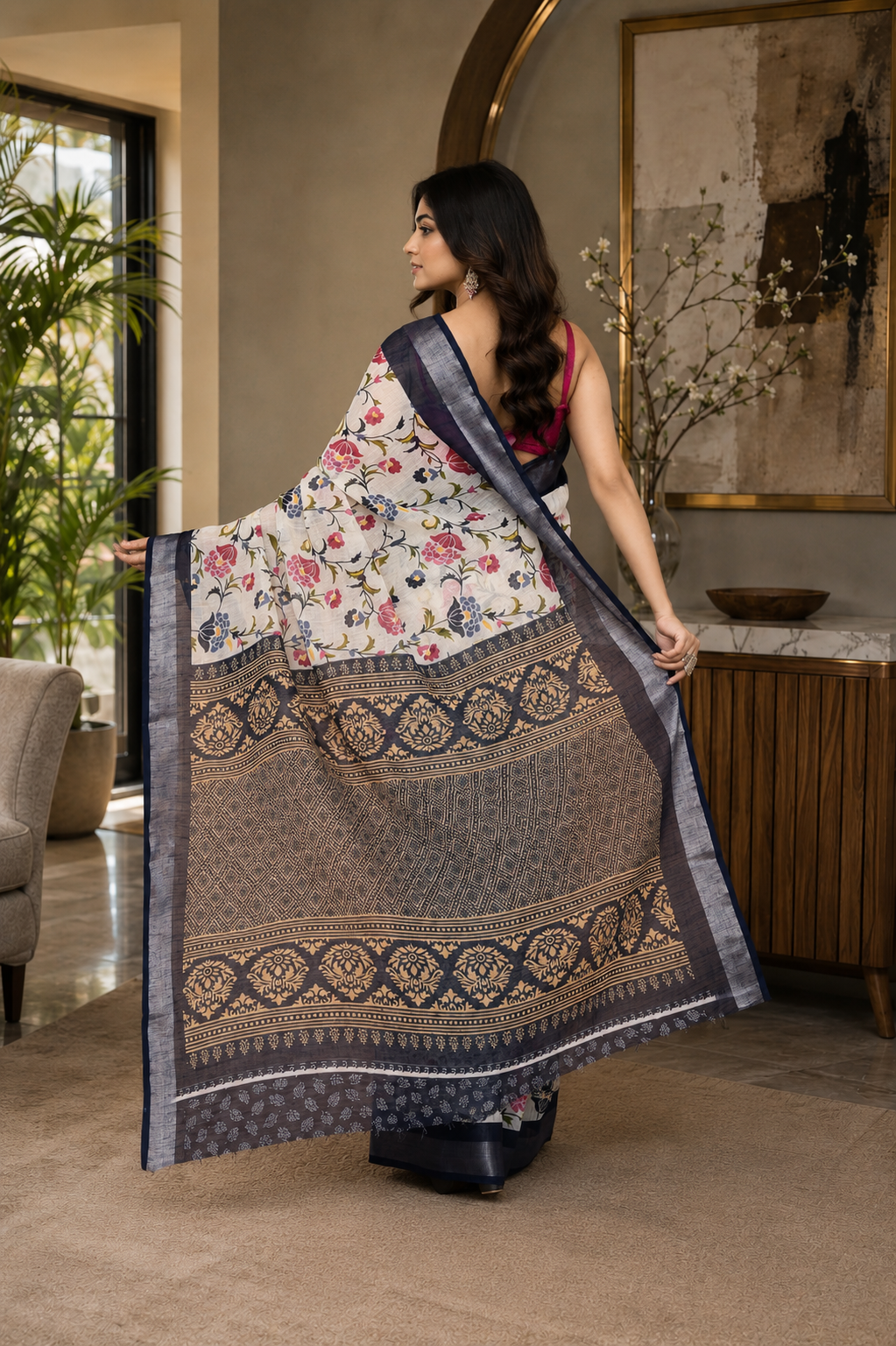 Women Cotton Off White Woven  Saree
