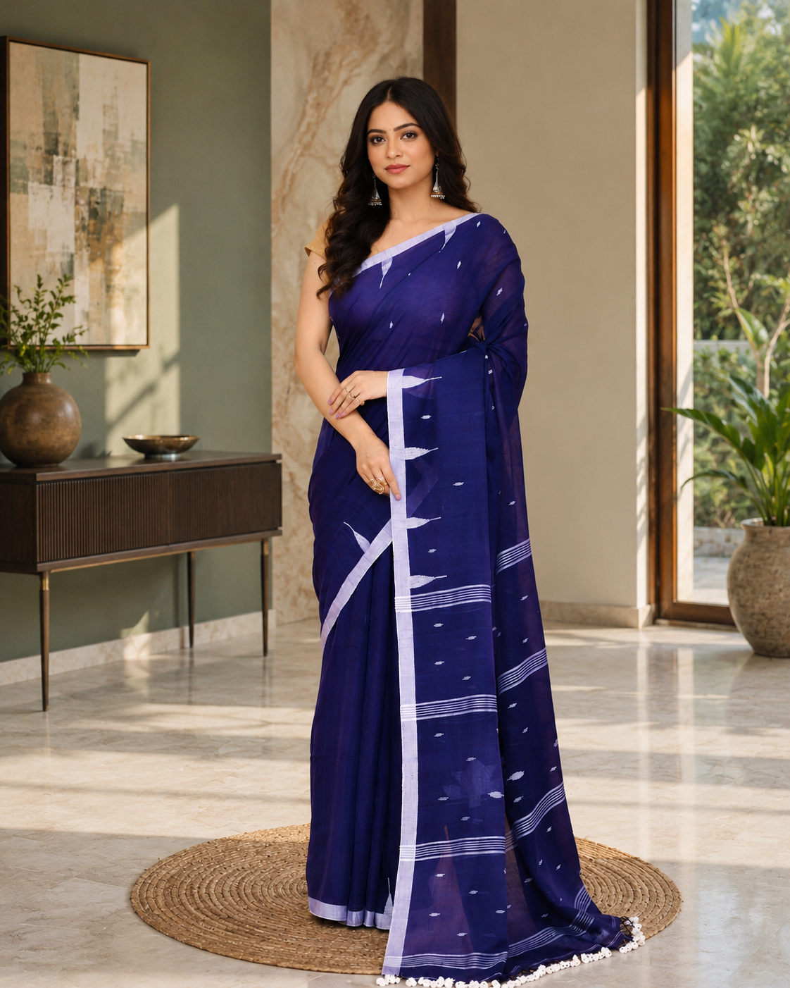 Women Mul Cotton Blue Woven  Saree