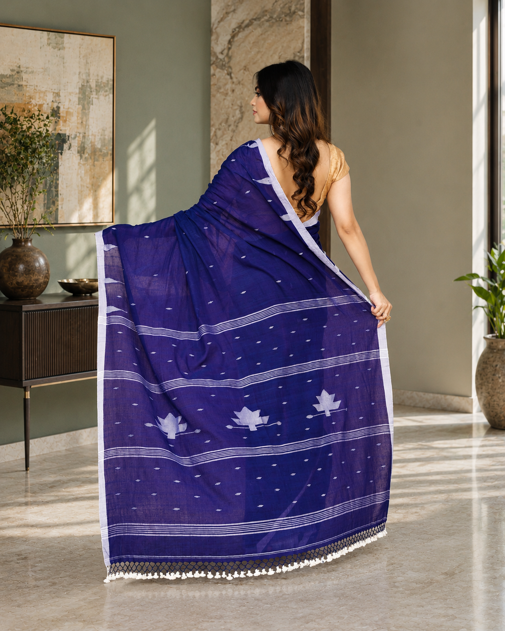Women Mul Cotton Blue Woven  Saree