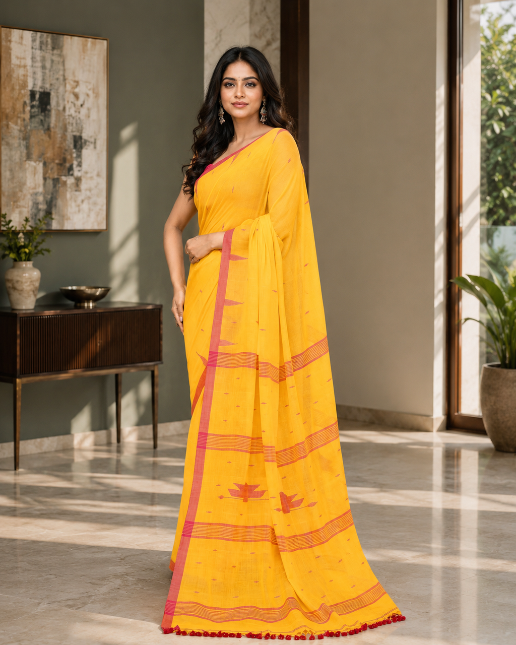 Women Mul Cotton Yellow Woven  Saree