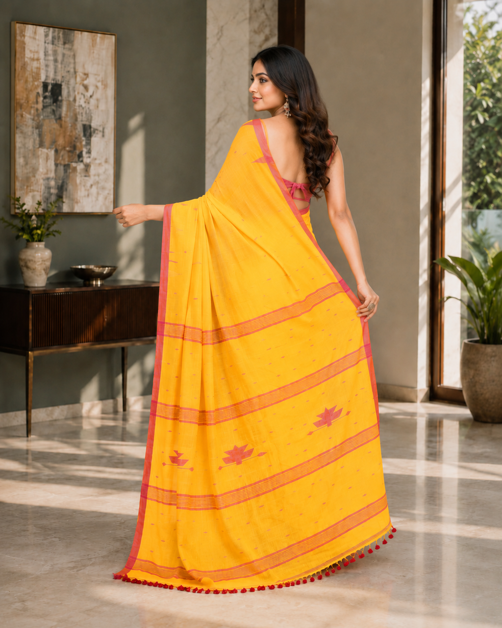 Women Mul Cotton Yellow Woven  Saree