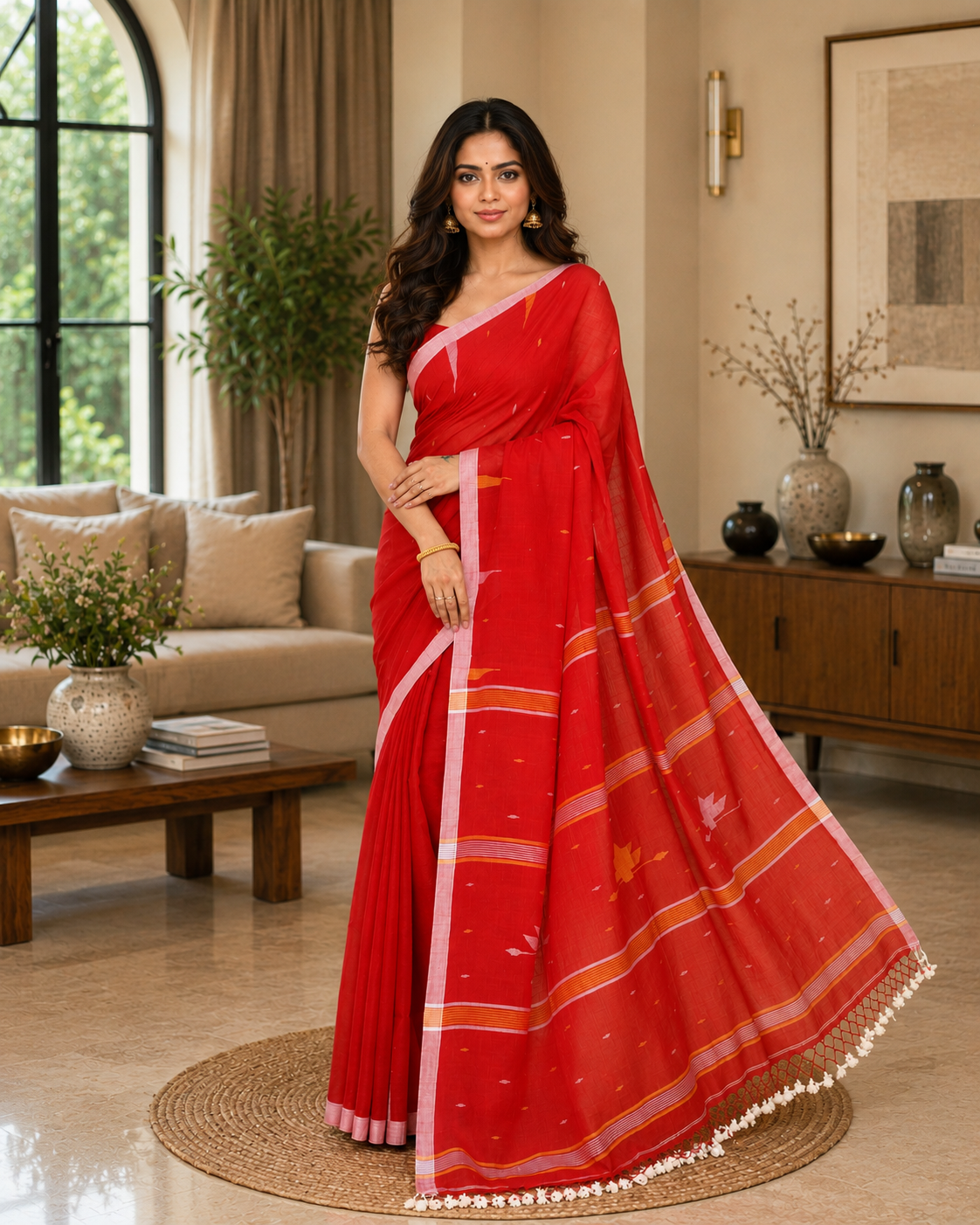 Women Mul Cotton Red Woven  Saree