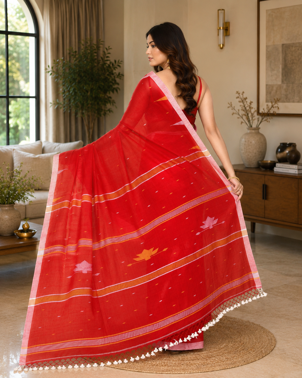 Women Mul Cotton Red Woven  Saree