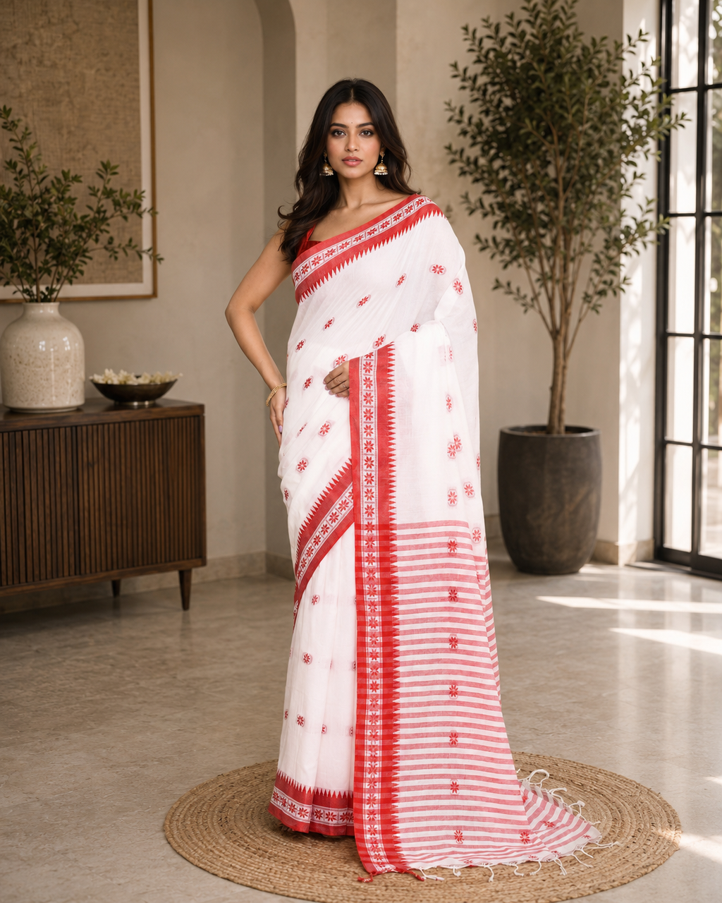 Women Cotton White Woven  Saree