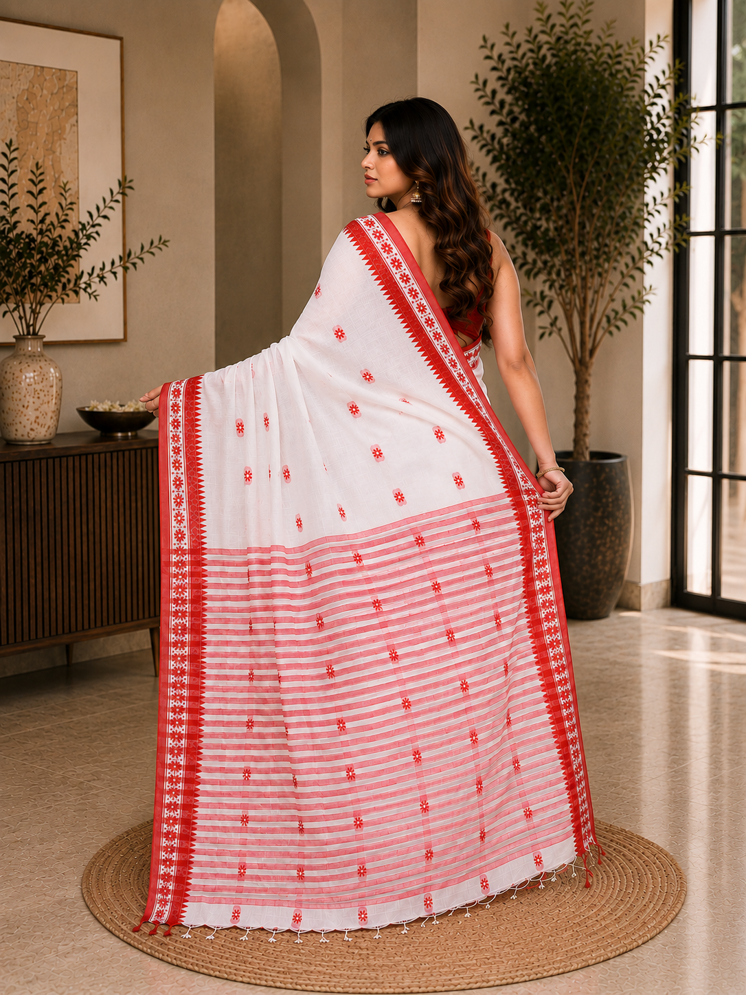 Women Cotton Off White Woven  Saree