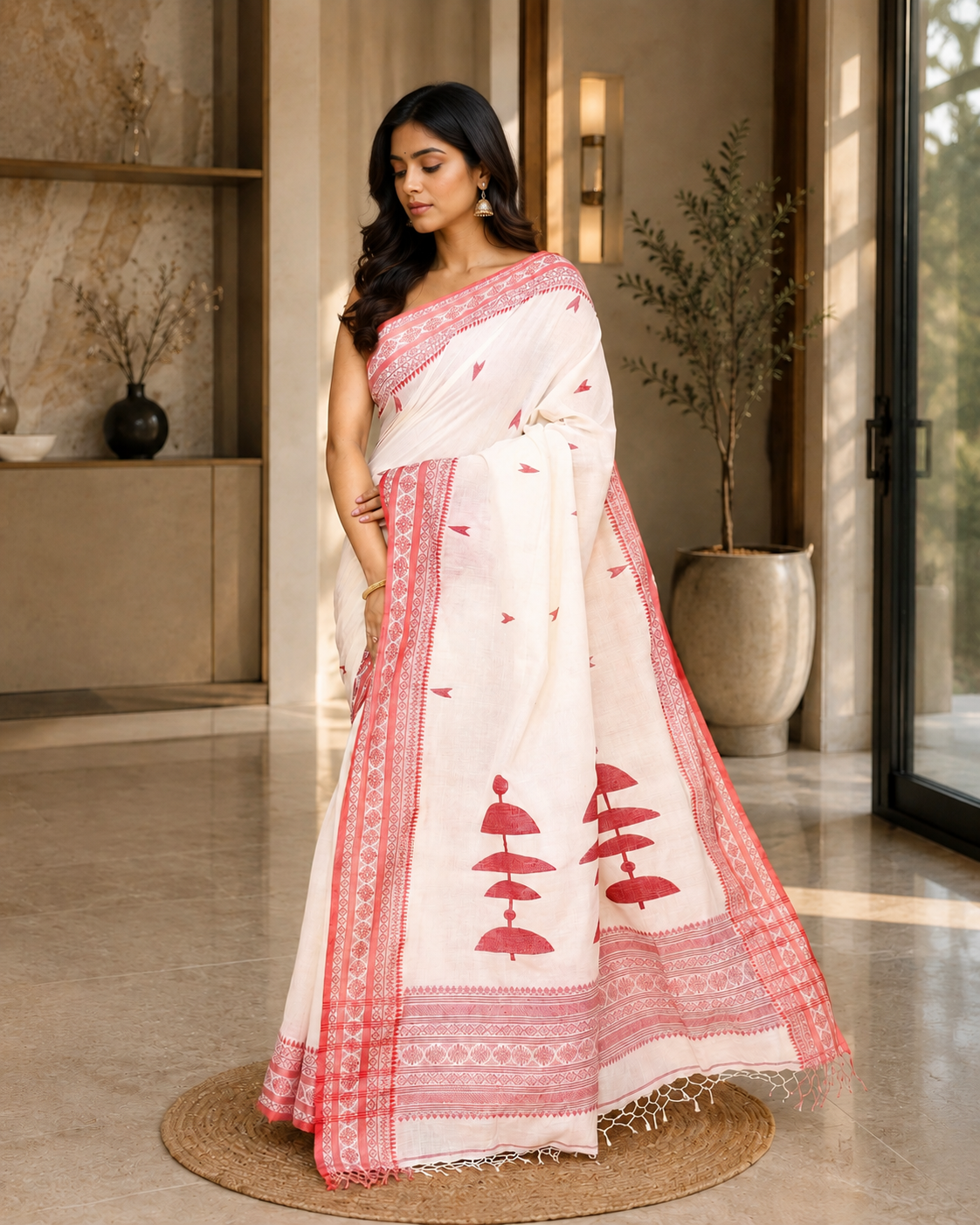 Women Cotton White Woven  Saree