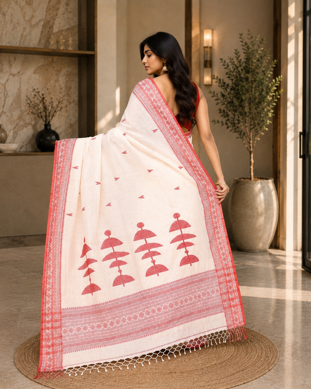 Women Cotton White Woven  Saree