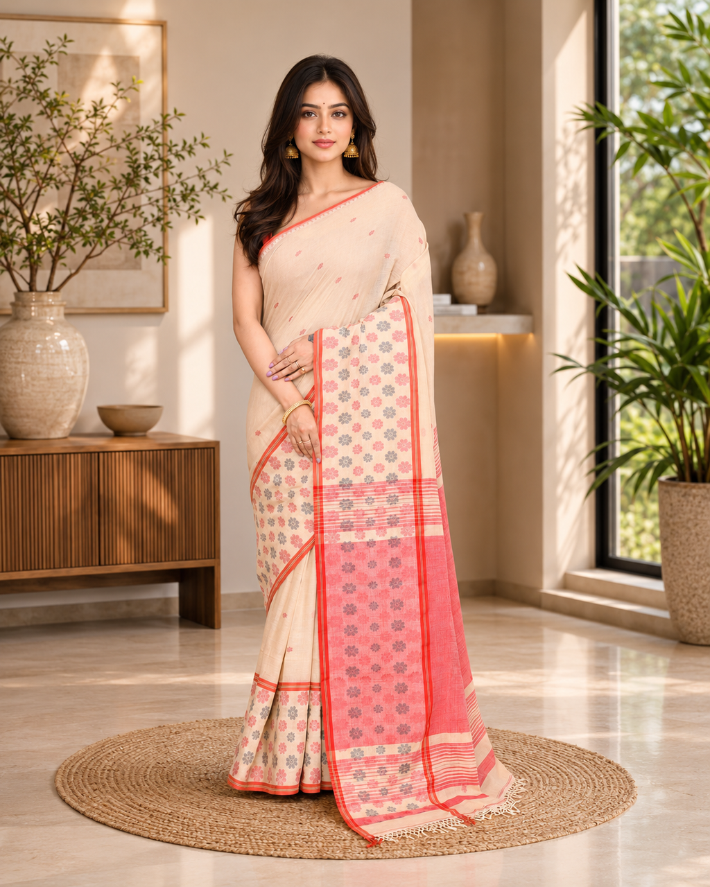 Women Cotton Beige Woven  Saree