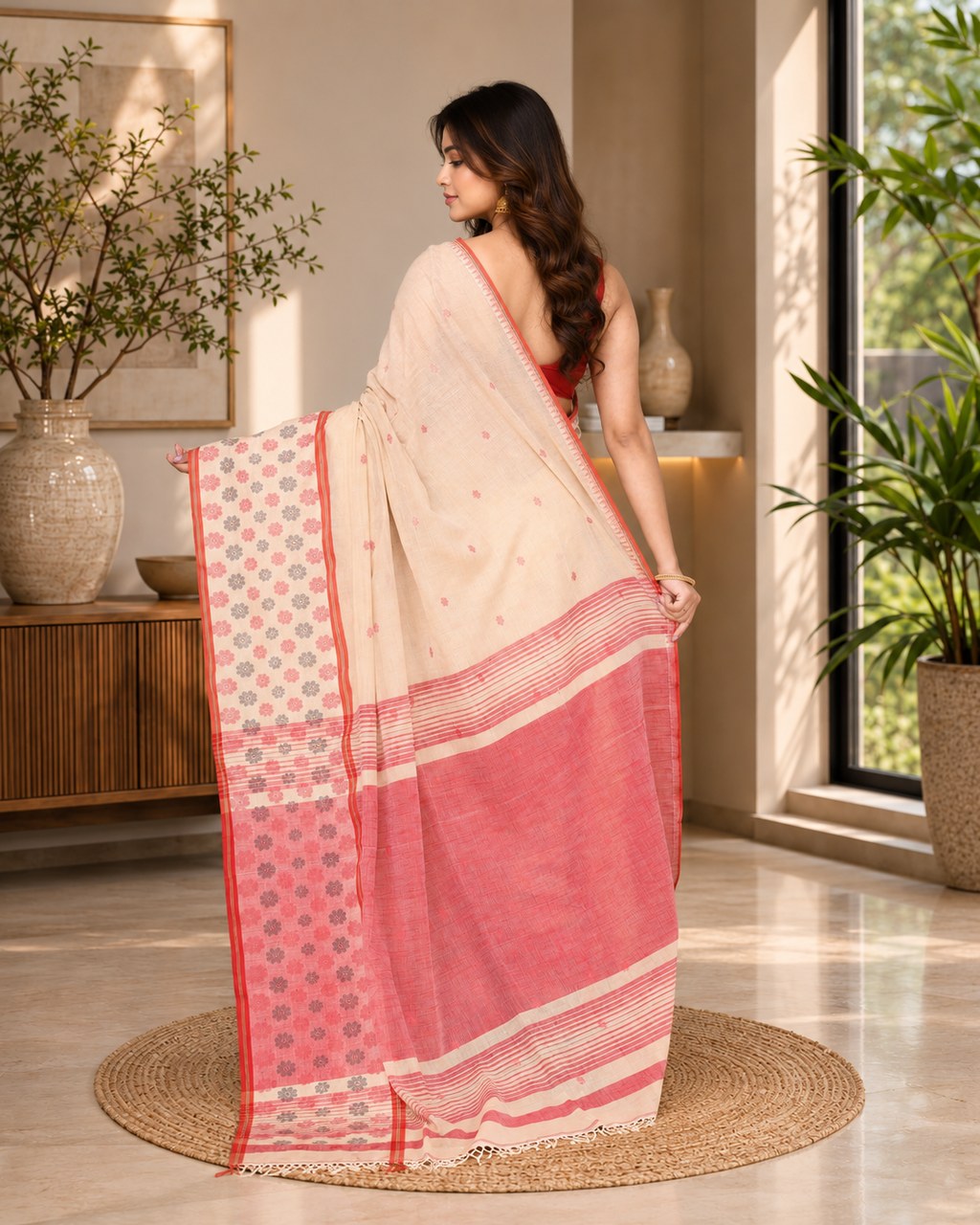 Women Cotton Beige Woven  Saree