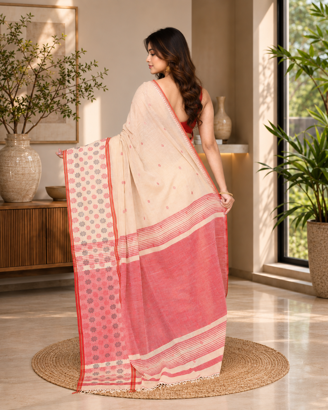 Women Cotton Beige Woven  Saree