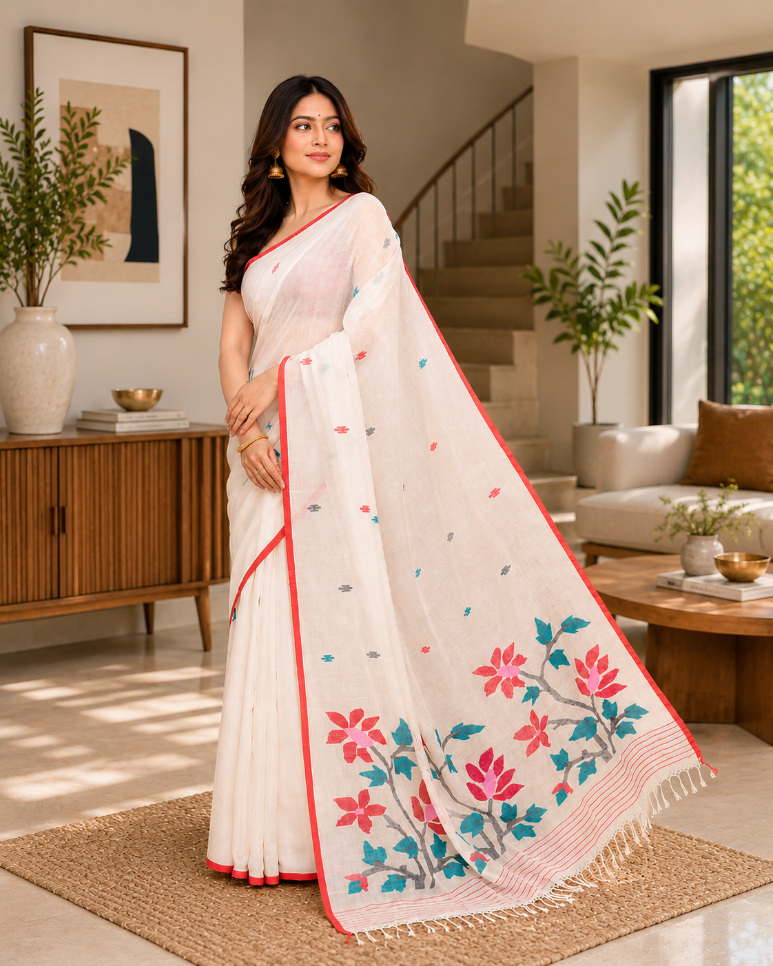 Women Cotton White Woven  Saree