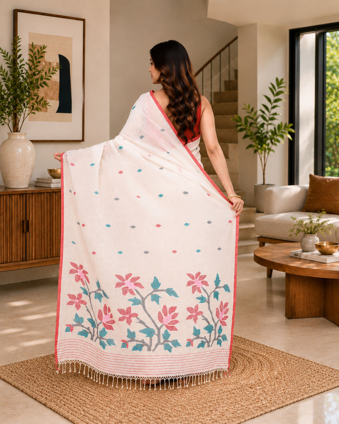 Women Cotton White Woven  Saree