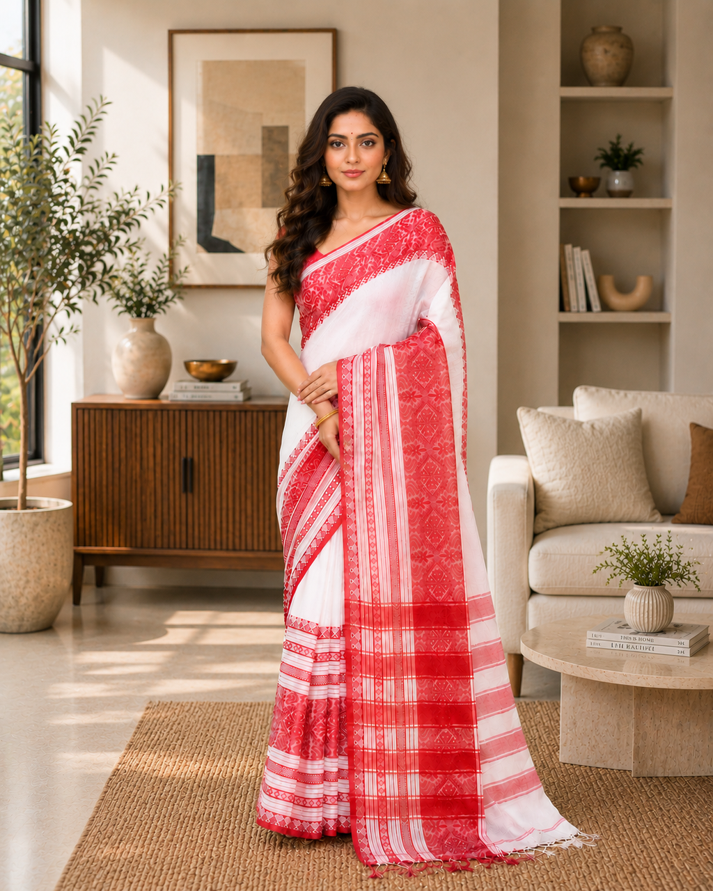 Women Cotton White Woven  Saree
