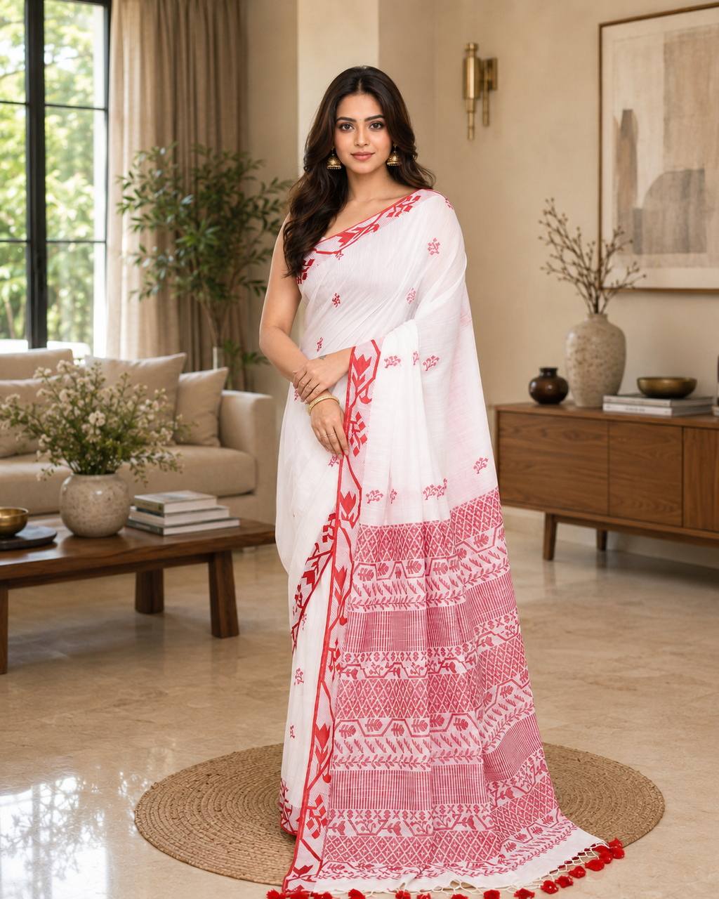 Women Cotton White Woven  Saree