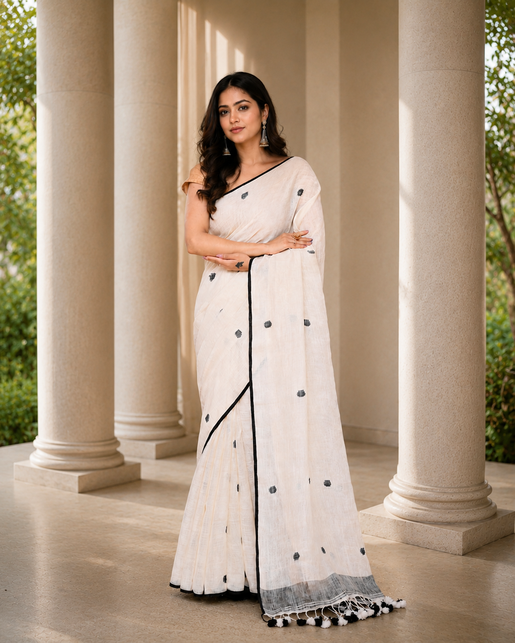 Women's Off White Linen Saree with Unstitched Blouse