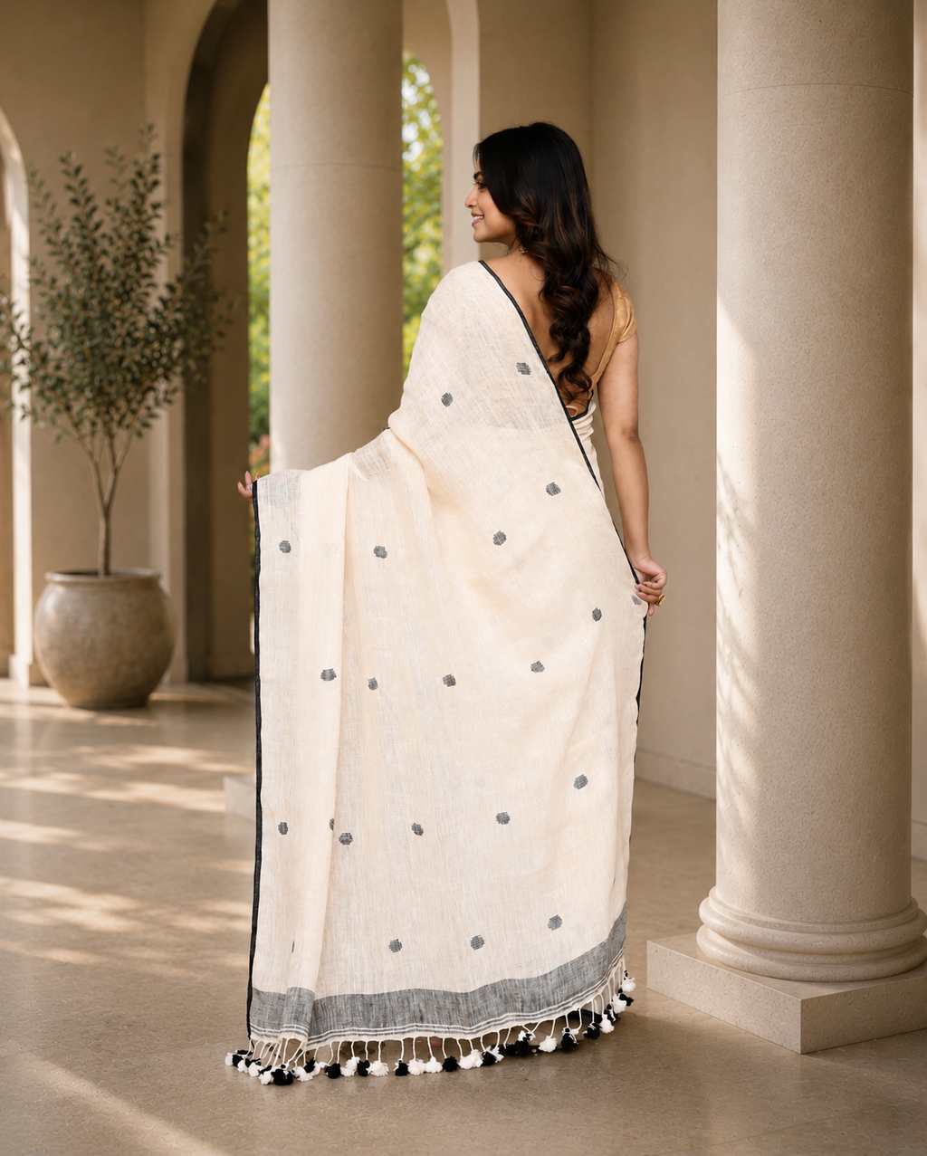Women's Off White Linen Saree with Unstitched Blouse