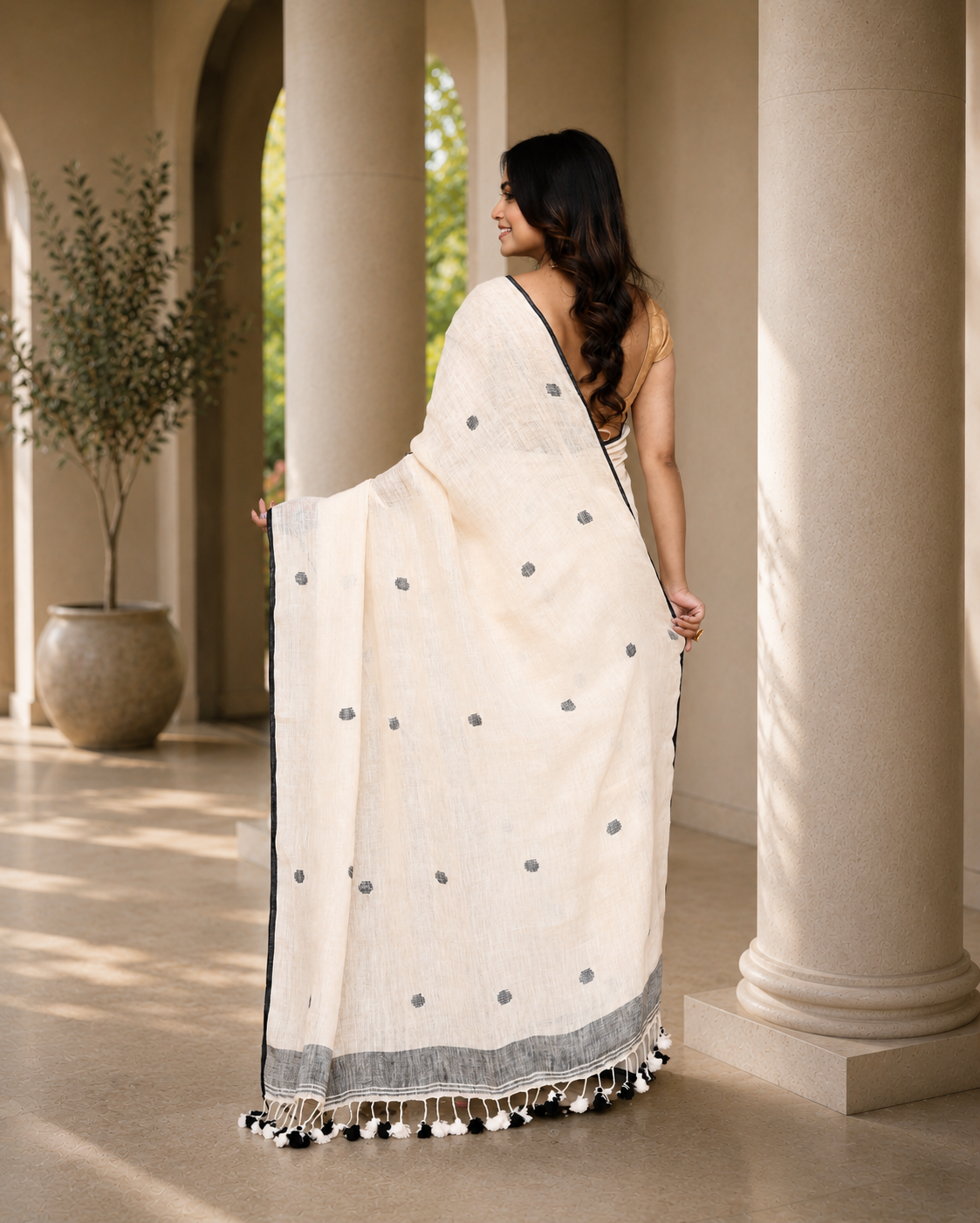 Women's Off White Linen Saree with Unstitched Blouse
