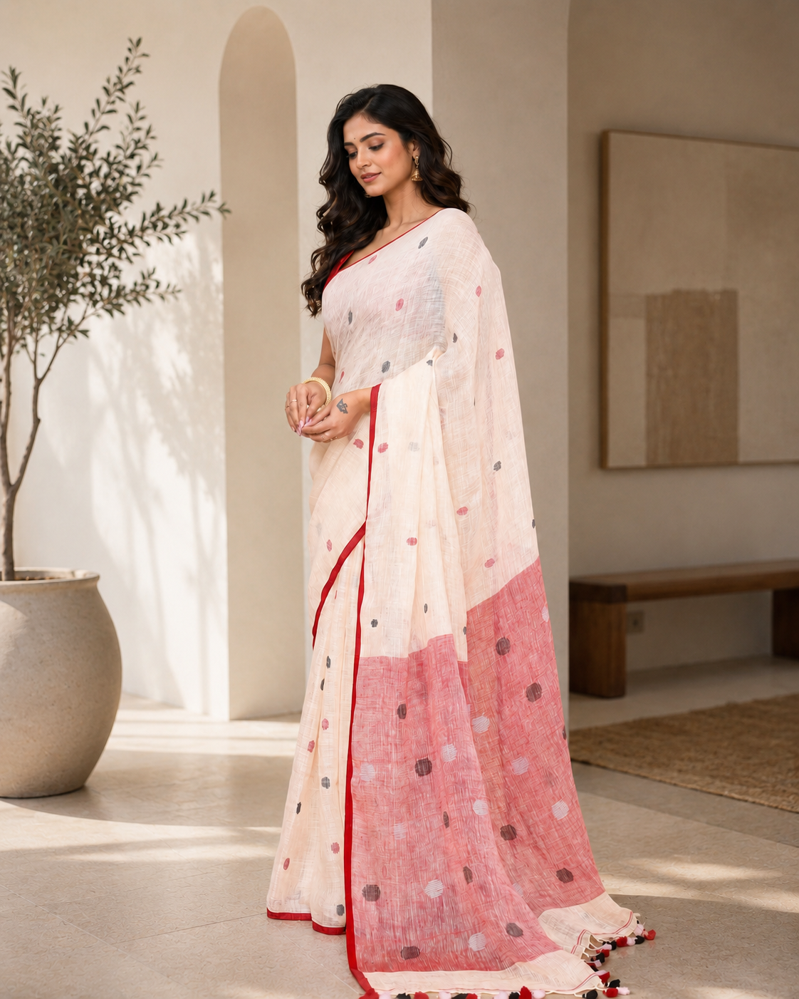 Women's Off White Linen Saree with Unstitched Blouse