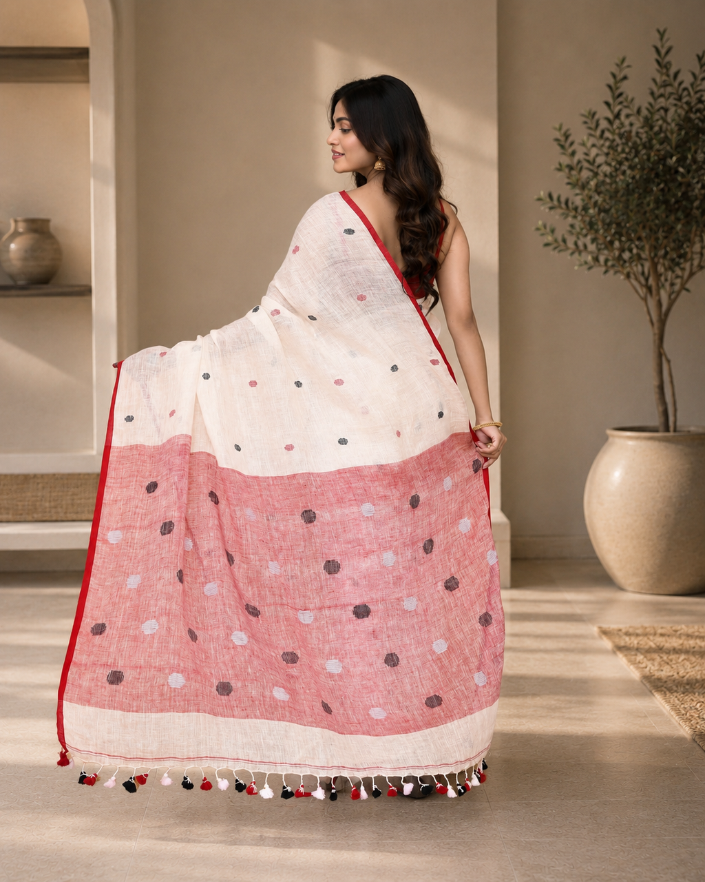 Women's Off White Linen Saree with Unstitched Blouse
