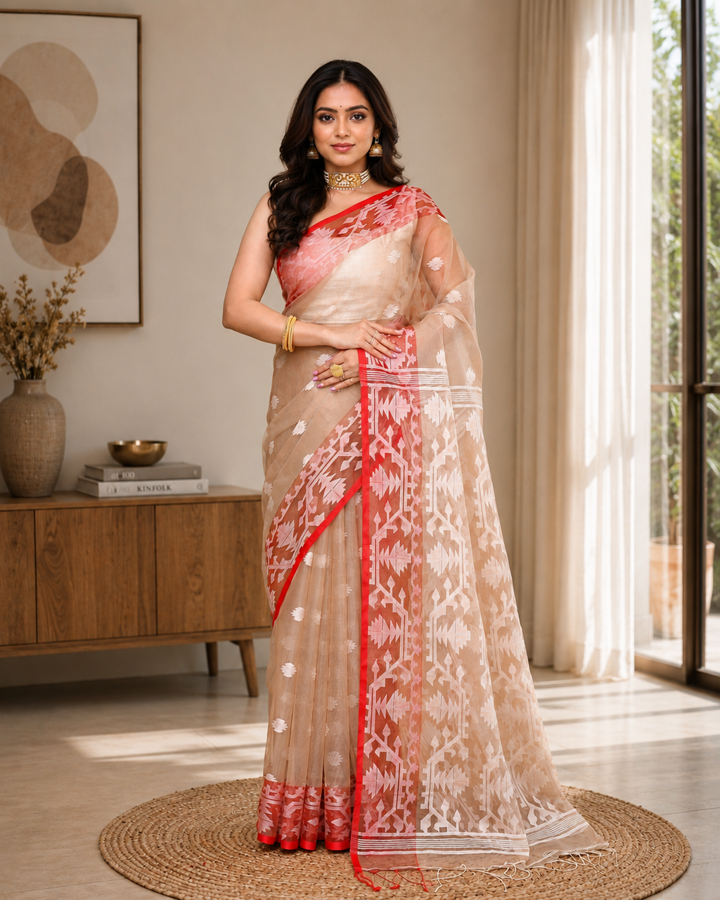 Women Silk Blend Tan Woven  Saree
