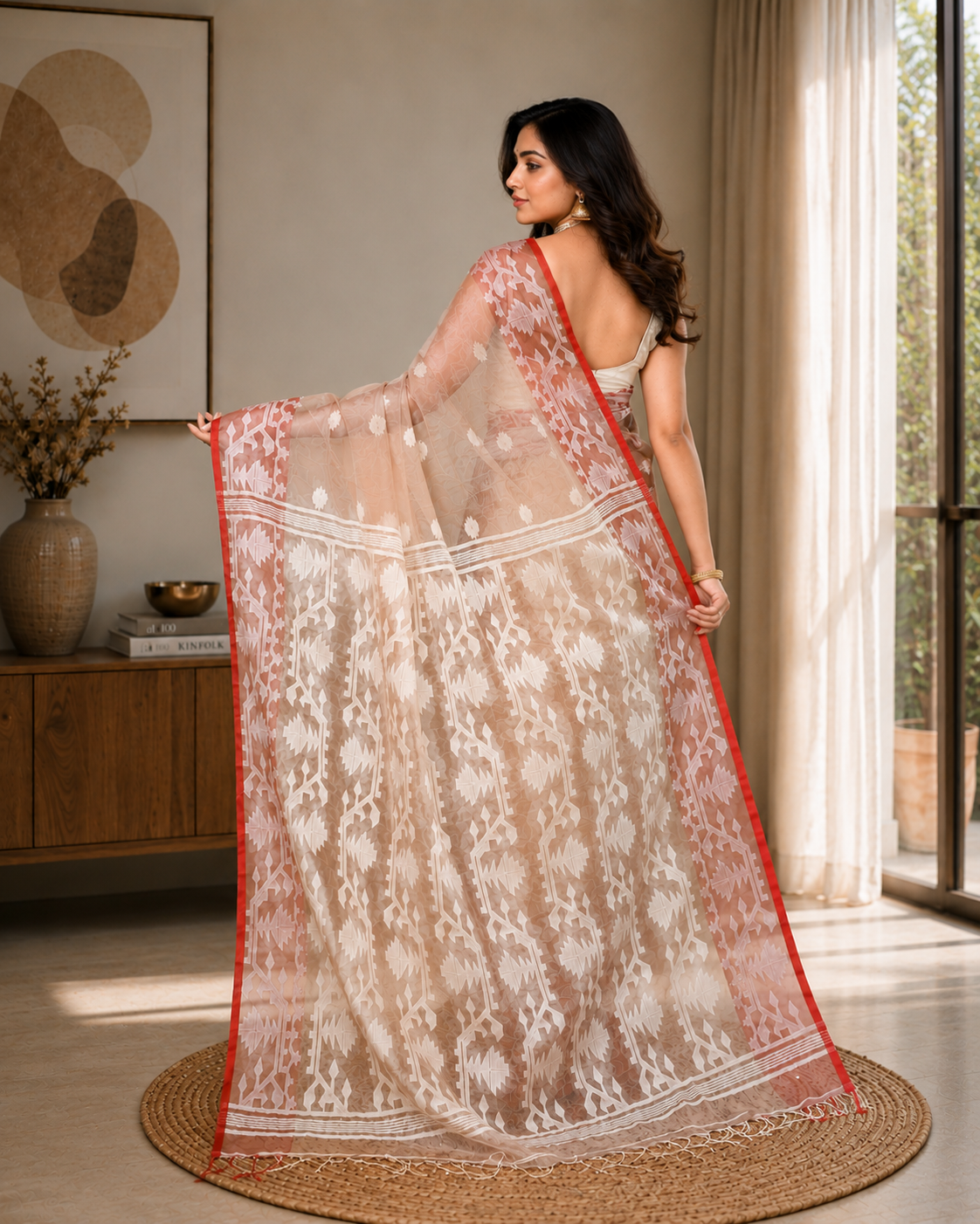 Women Silk Blend Tan Woven  Saree