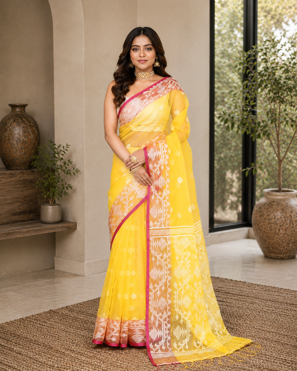 Women Silk Blend Yellow Woven  Saree