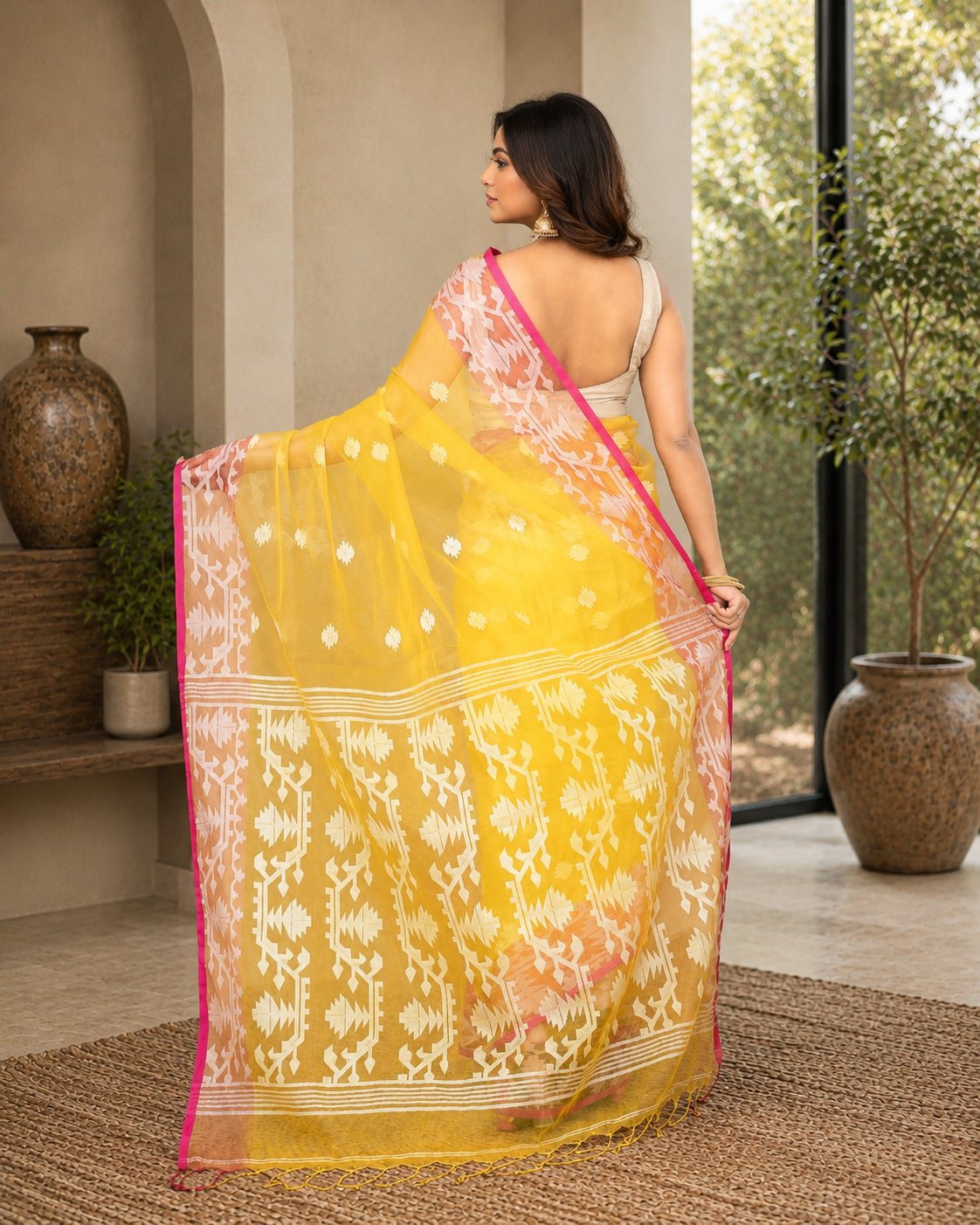 Women Silk Blend Yellow Woven  Saree