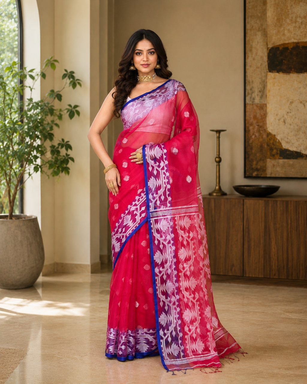 Women Silk Blend Rani Pink Woven  Saree