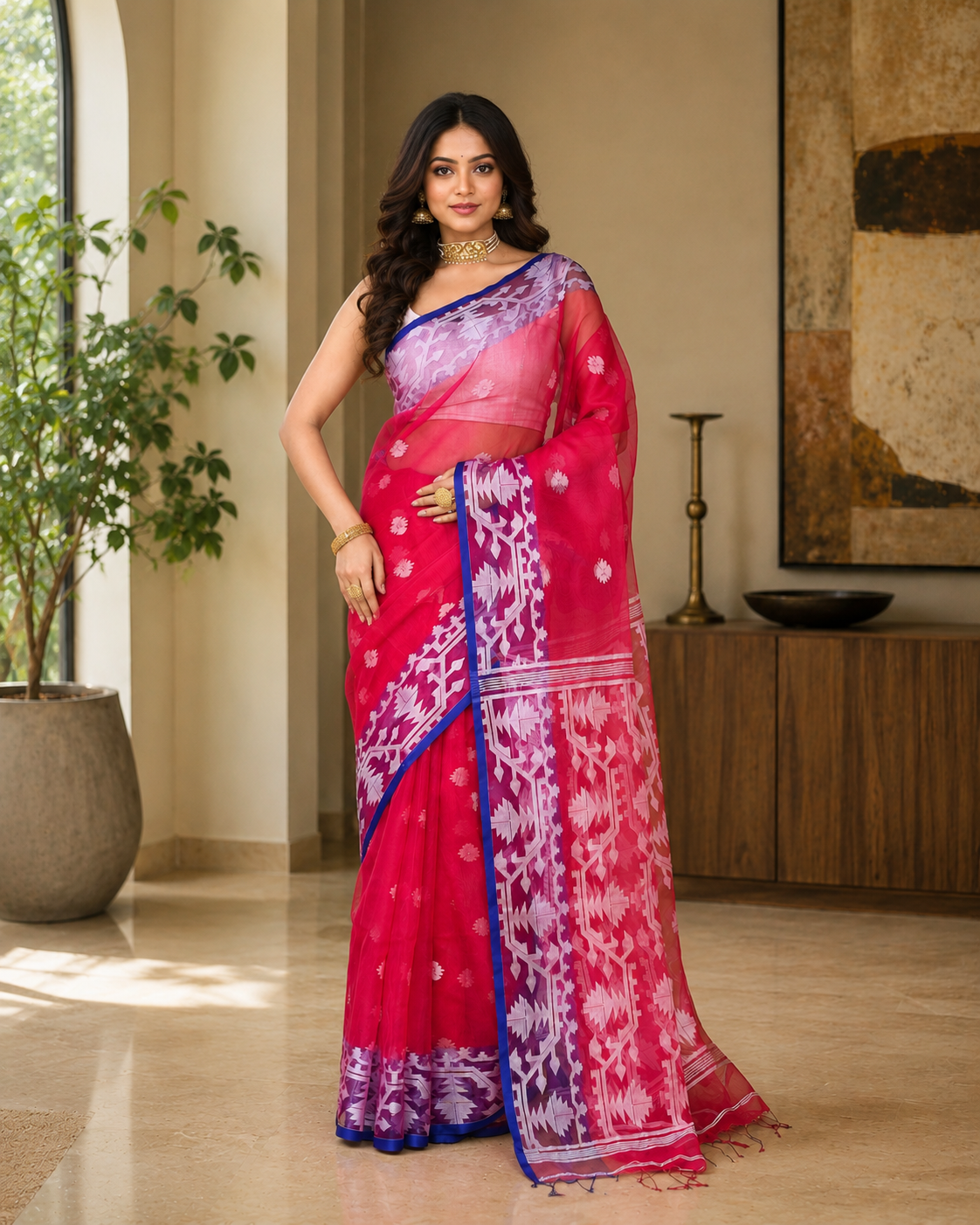 Women Silk Blend Rani Pink Woven  Saree
