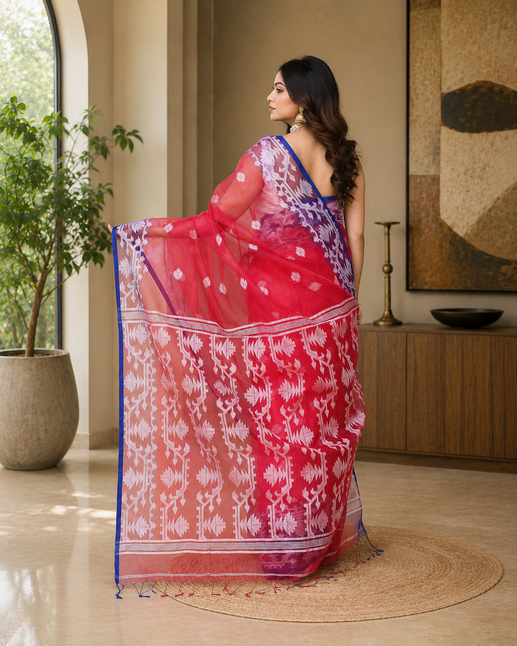 Women Silk Blend Rani Pink Woven  Saree