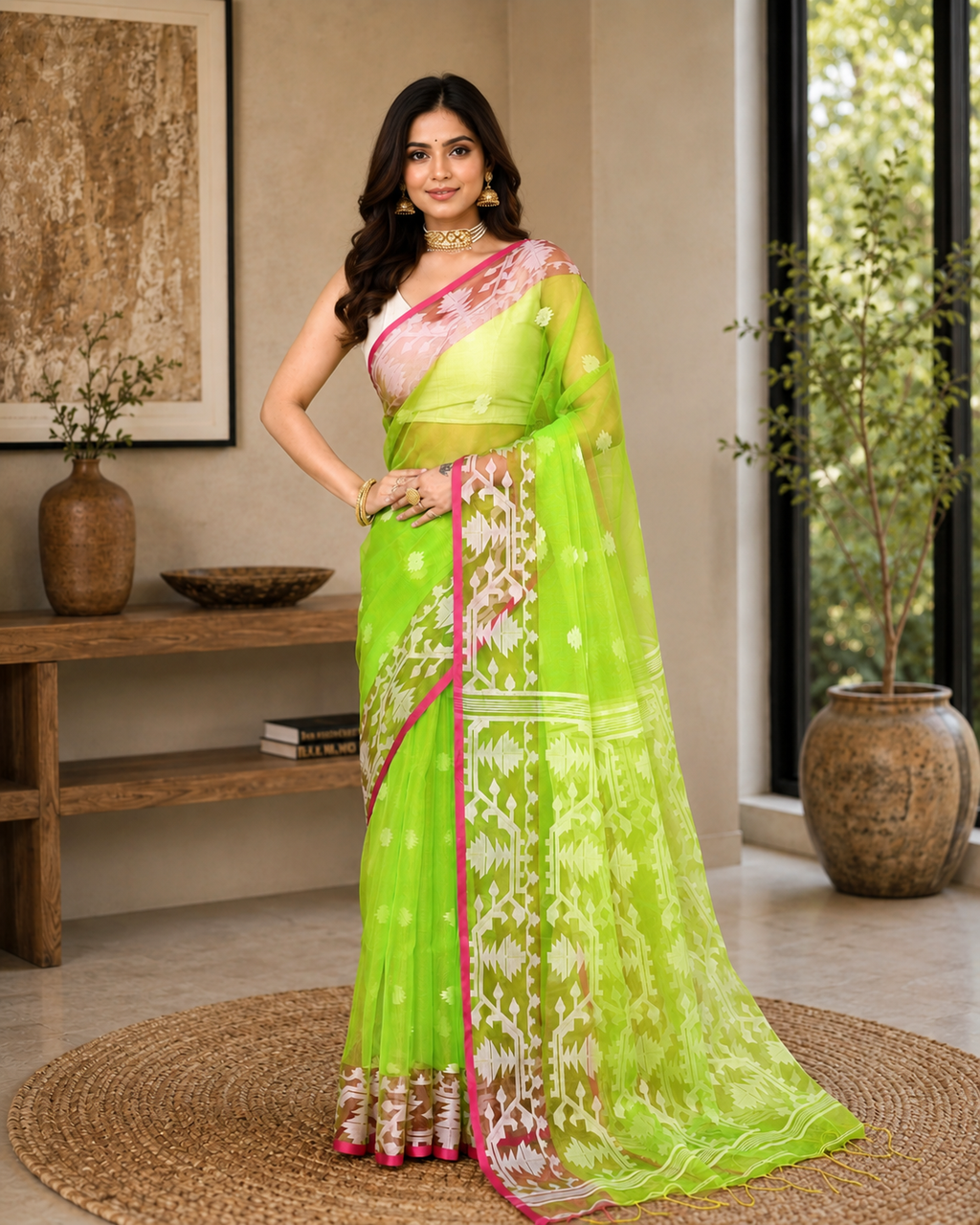 Women Silk Blend Lime Woven  Saree