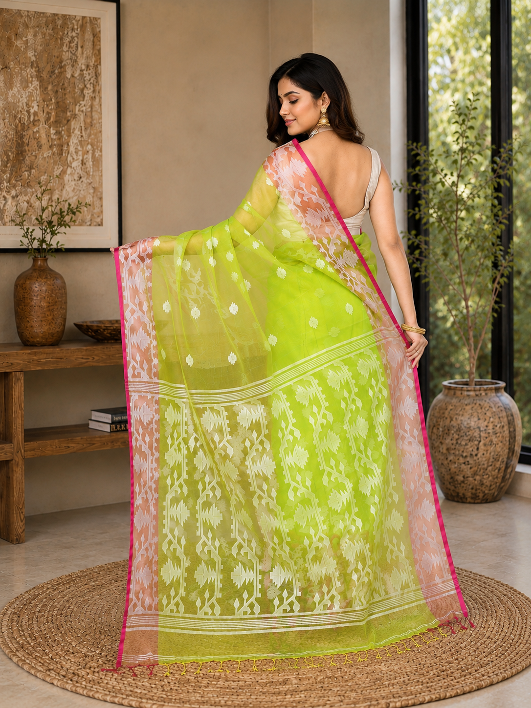 Women Silk Blend Lime Woven  Saree